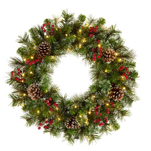 Pre Lit Iced Berry Pine Christmas Wreath, Battery LED, 61 cm