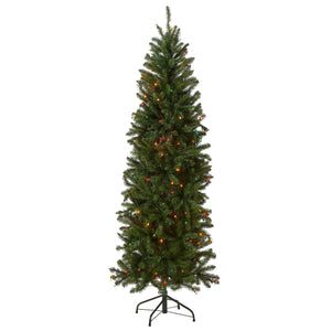 6.5ft Pre Lit Pencil Fir Christmas Tree, 250 Multicoloured Lights