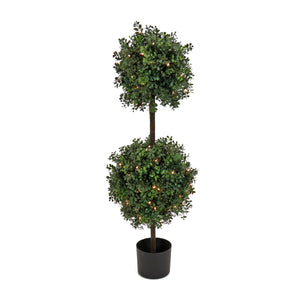 Pre Lit Boxwood Double Ball Topiary in Black Pot, Clear Lights, 117 cm