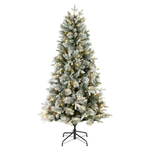 6ft Pre Lit Snowy Flocked Pine Christmas Tree, Warm White LED