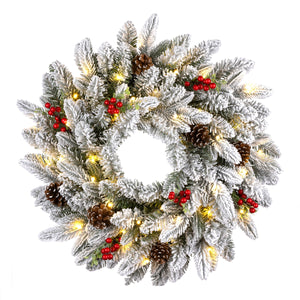 Pre Lit Snowberry Pine Christmas Wreath with LED Lights, 61 cm