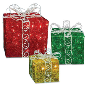 Light Up Sisal Gift Boxes with Bows, Set of 3