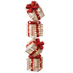 Pre Lit White Rattan Gift Box Tower with Micro LED Lights, 86 cm