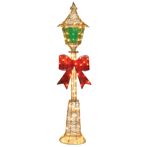 Pre Lit Gold Wire Christmas Lamp Post with Red Bow, 152 cm