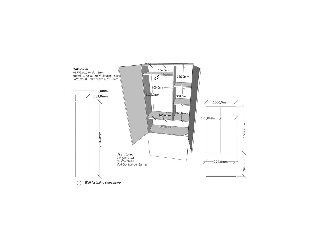 100 cm Shallow Wardrobe Cupboard for Sofa Wall Beds