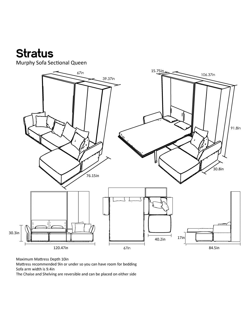 Sofa Wall Bed with Grey Corner Sofa and Wardrobe, UK King Size