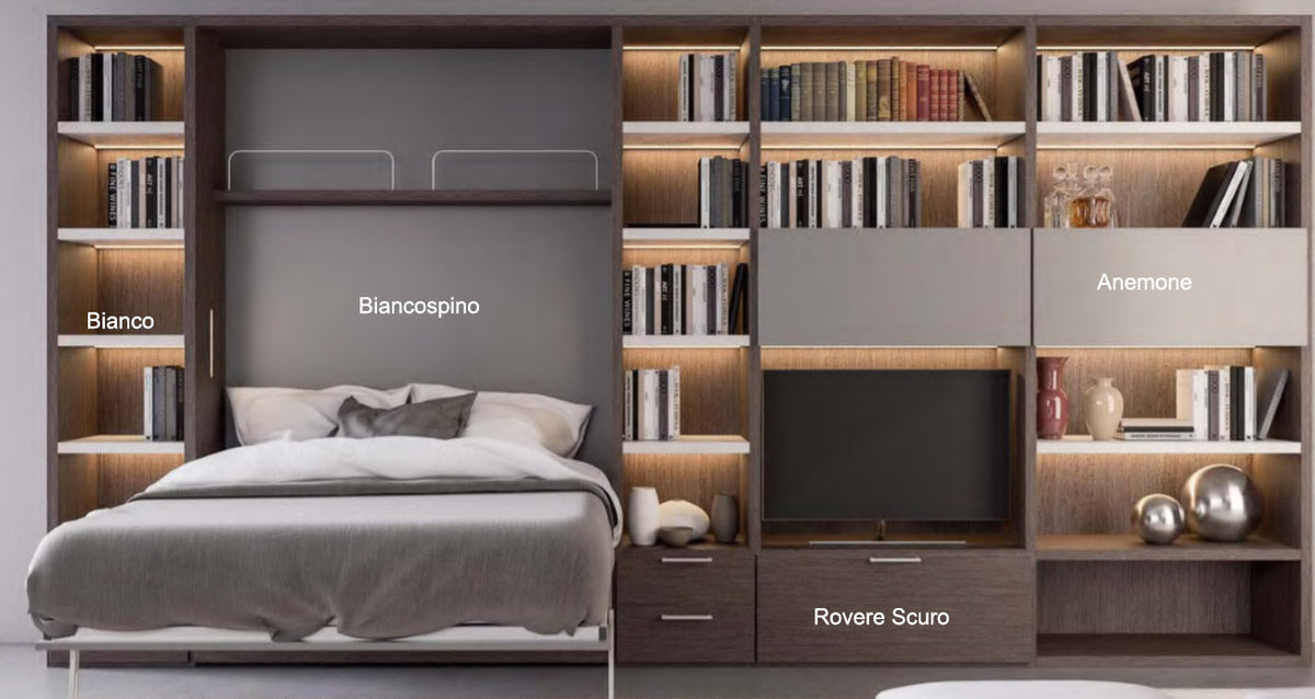 Rotating TV and Bookshelf Wall Bed with LED Lighting, Mattress Included