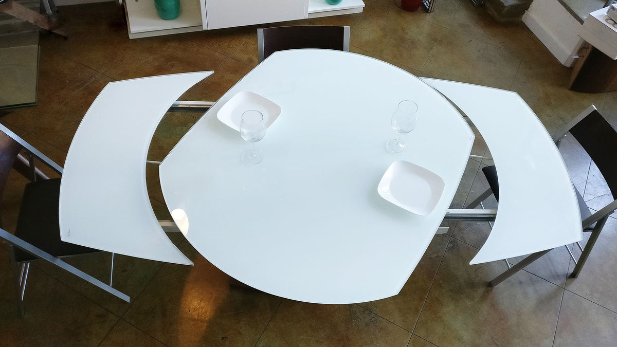 Oval White Glass Rotating Extending Table, Seats 8