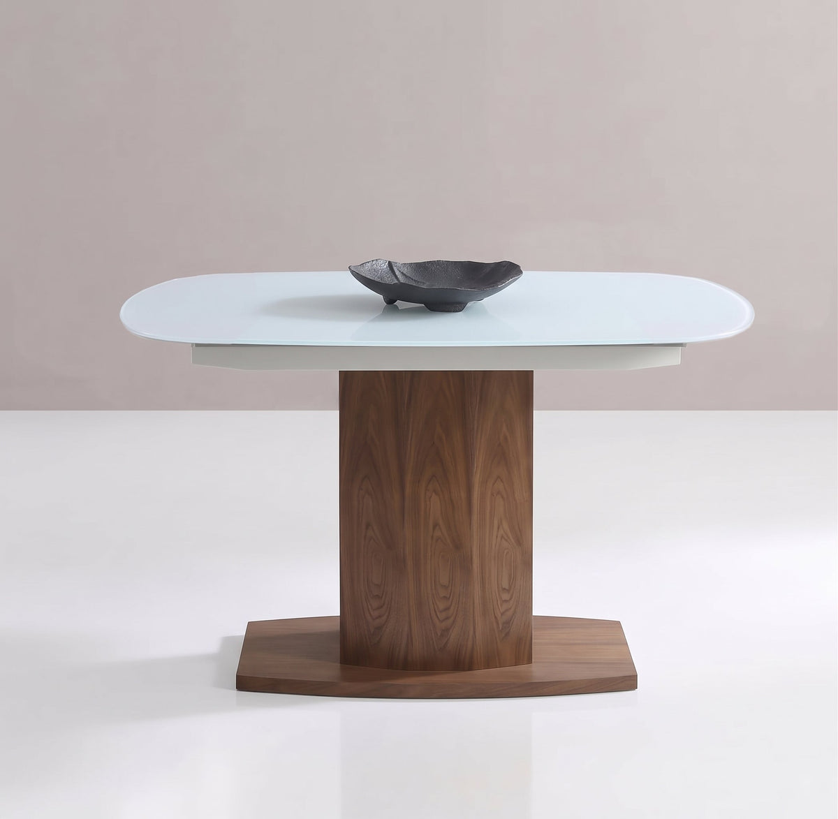 Oval White Glass Rotating Extending Table, Seats 8