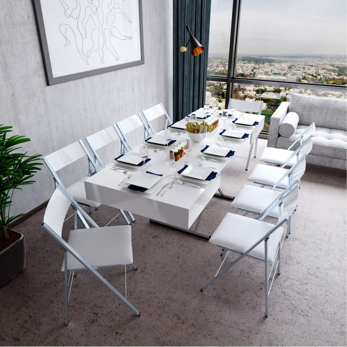 Coffee to Dining Table Set with 8 Folding Chairs