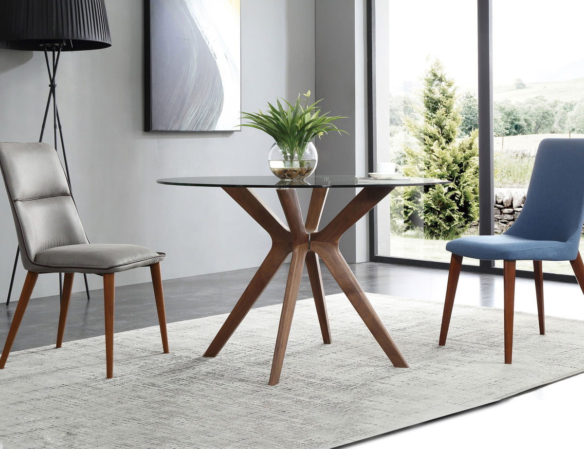 Round Clear Glass Dining Table with Wooden Legs