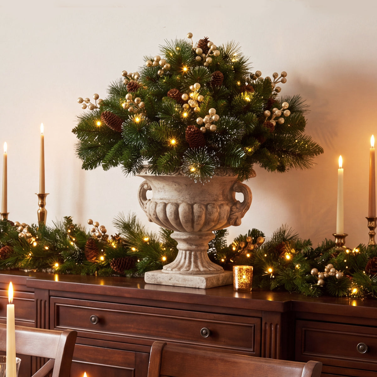 Pre Lit Gold Spruce Urn Filler with Silver Bristle, Warm White LED, 46 cm