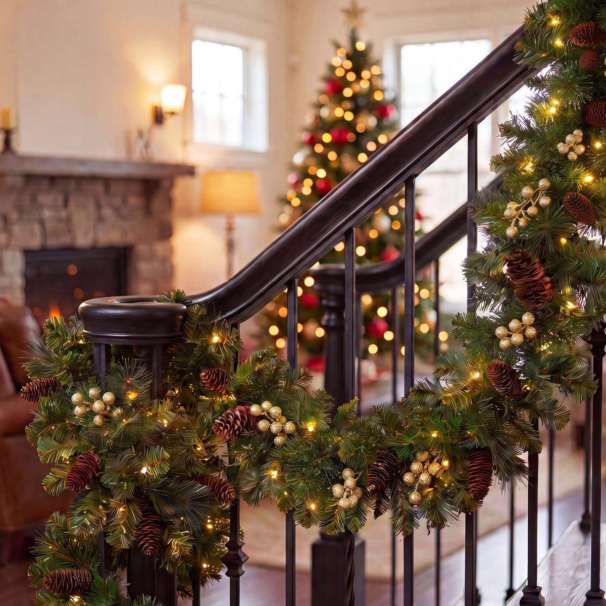 Pre Lit Gold Spruce Garland with Silver Bristle, Warm White LED, 2.7 m