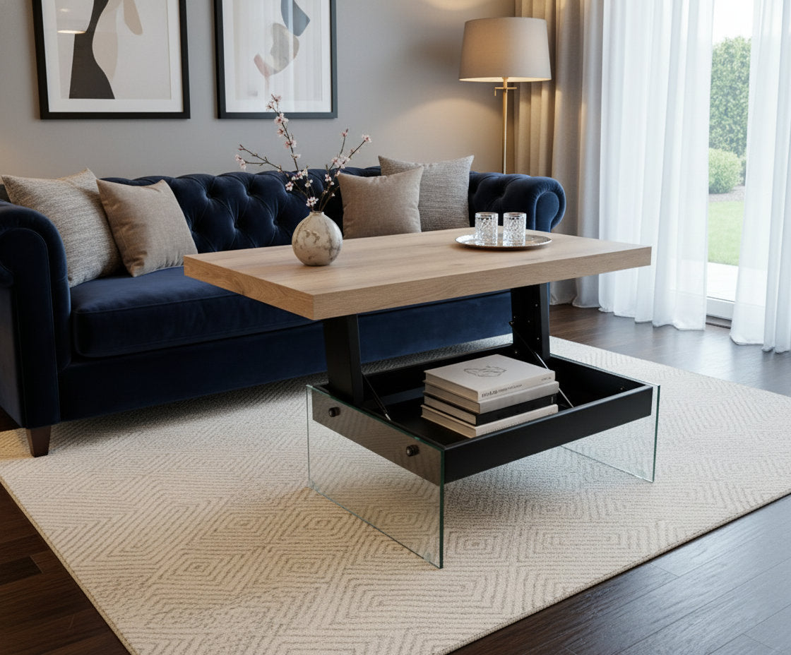 Large Lift Top Coffee to Dining Table with Glass Base