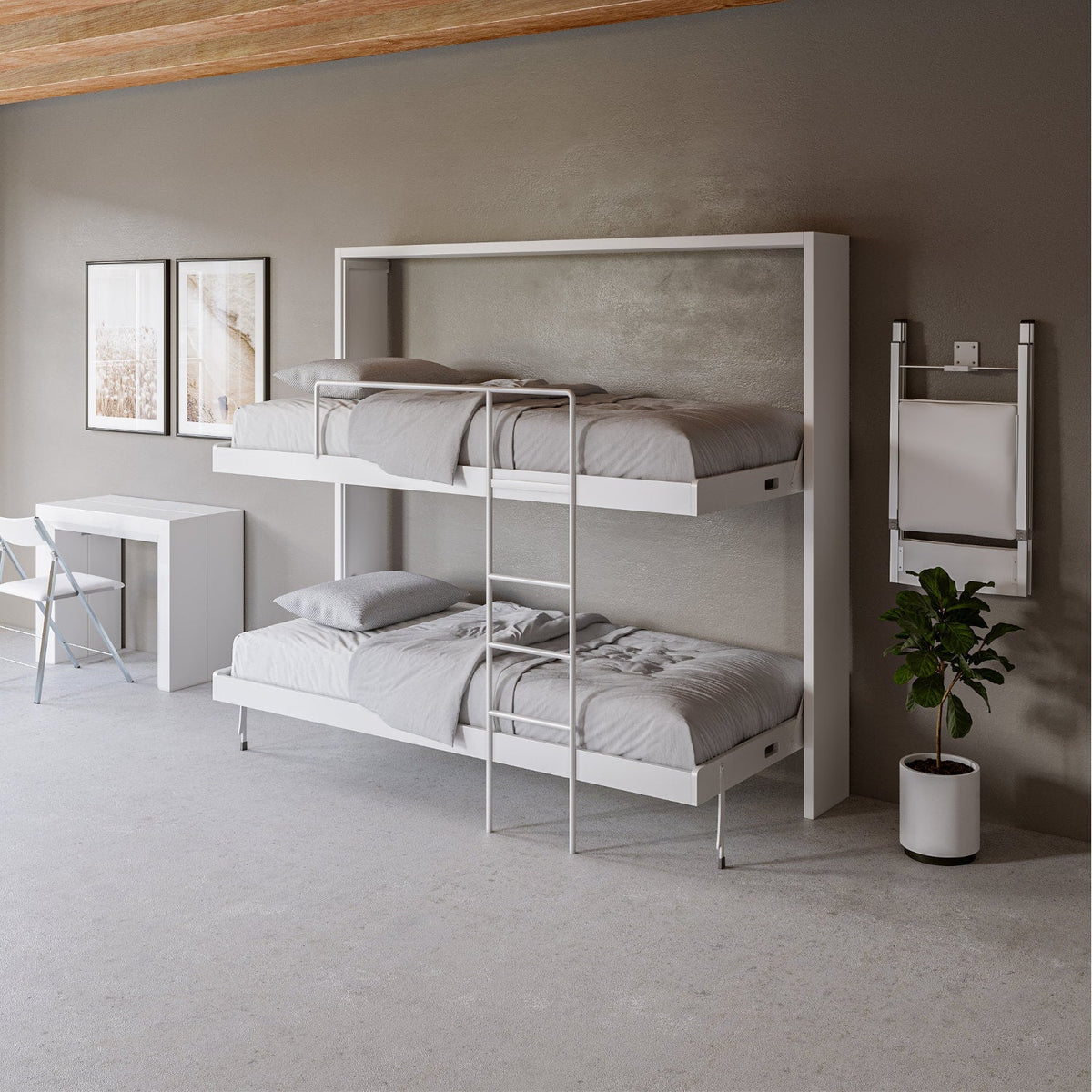 Fold Away Wall Bunk Beds with Desk, Mattresses Included
