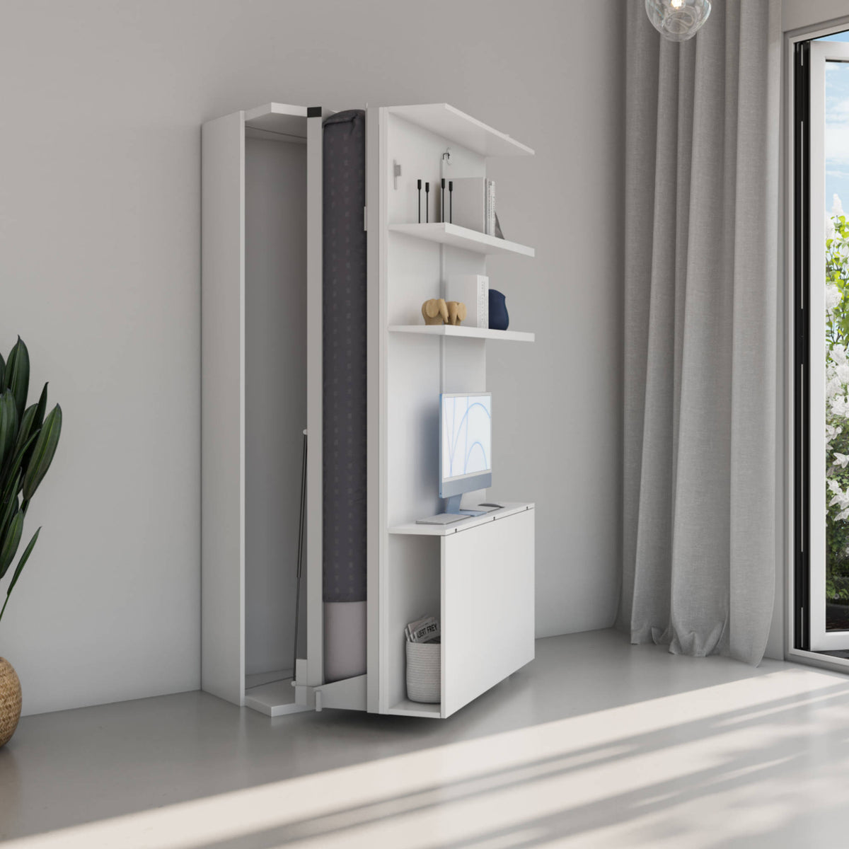 Rotating Bookcase Single Wall Bed with Desk