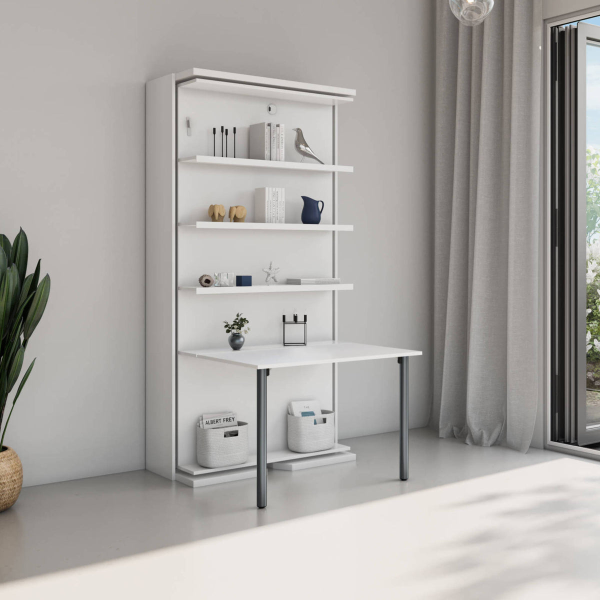 Rotating Bookcase Single Wall Bed with Desk