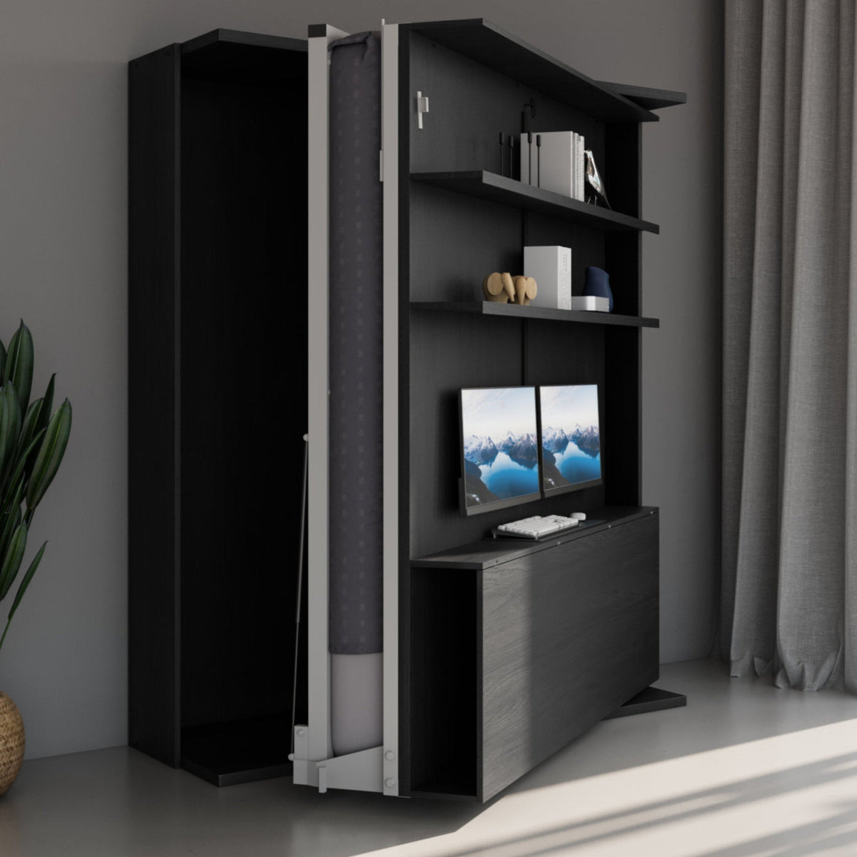 Rotating Wall Bed with Office Desk and Shelving, UK King Size