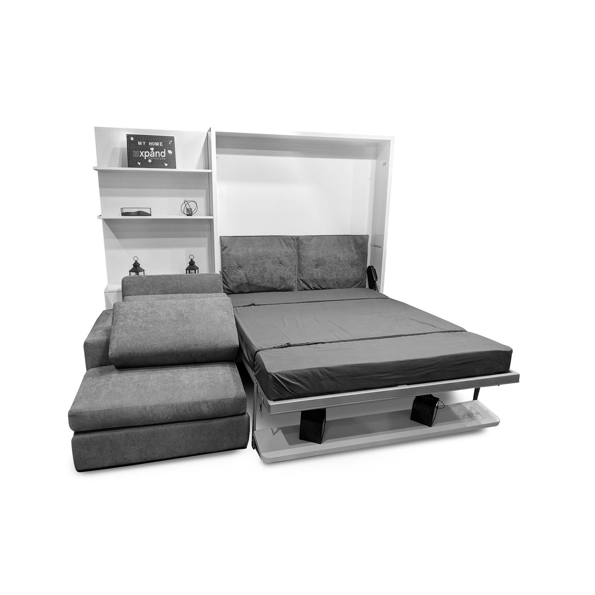 Shelf Wall Bed over Corner Sofa with Side Shelving