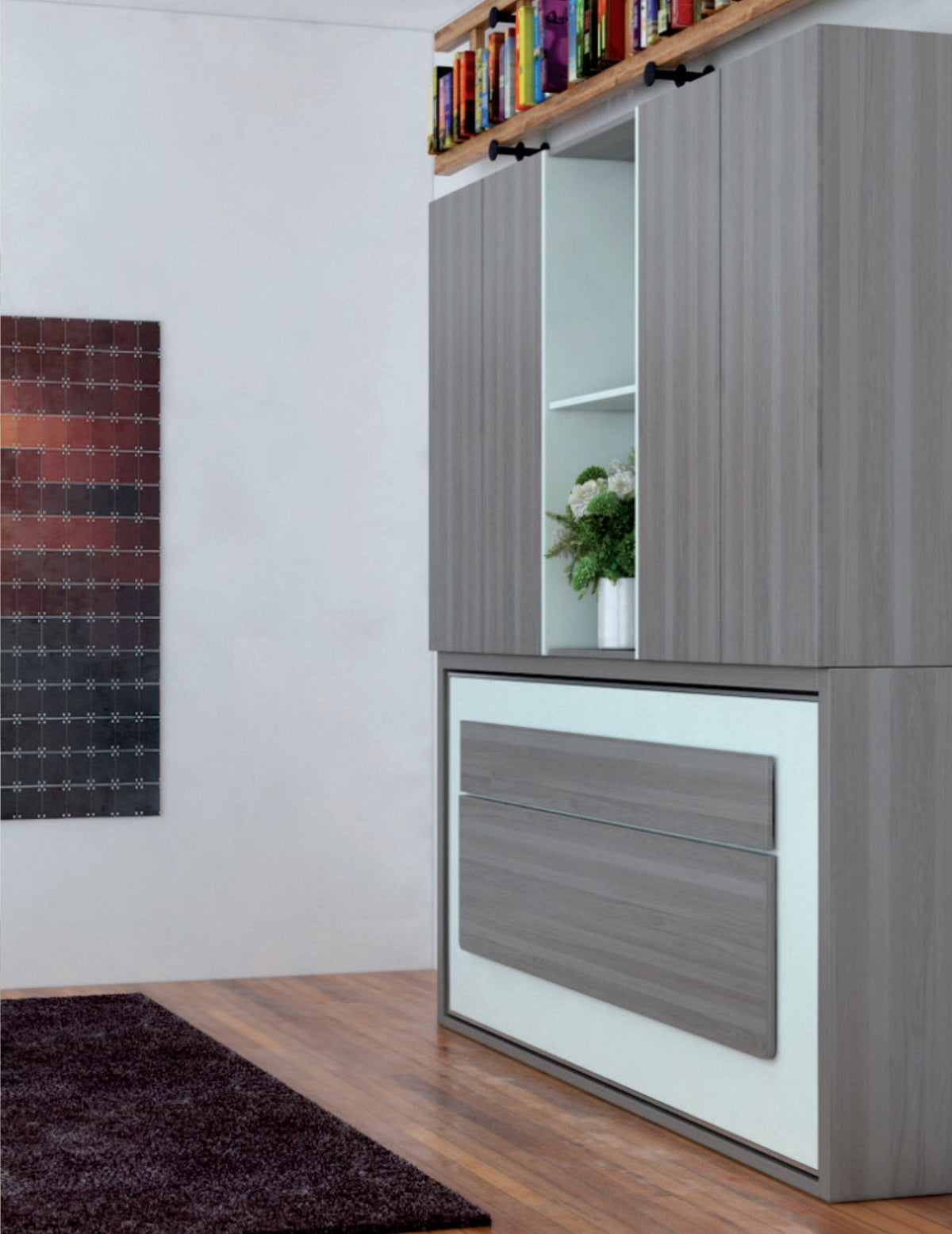 Ultra Slim Horizontal Single Wall Bed with Fold Away Desk and Mattress