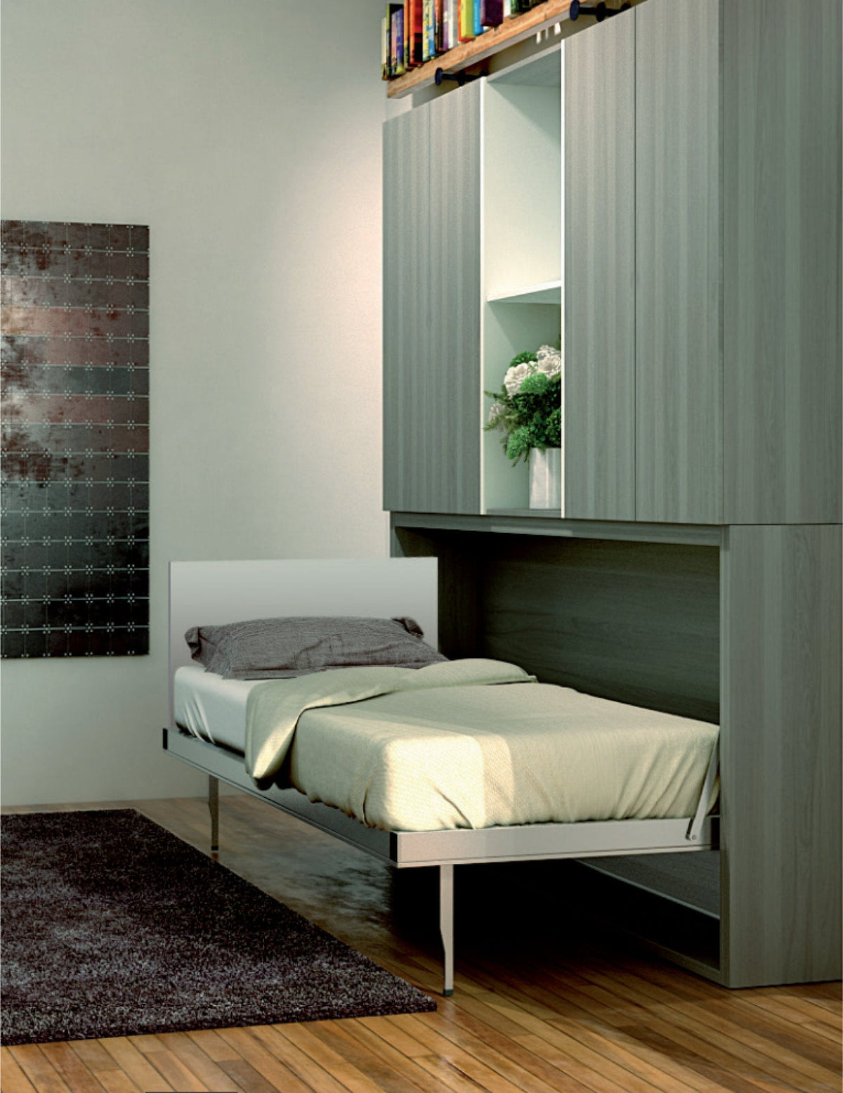 Ultra Slim Horizontal Single Wall Bed with Fold Away Desk and Mattress