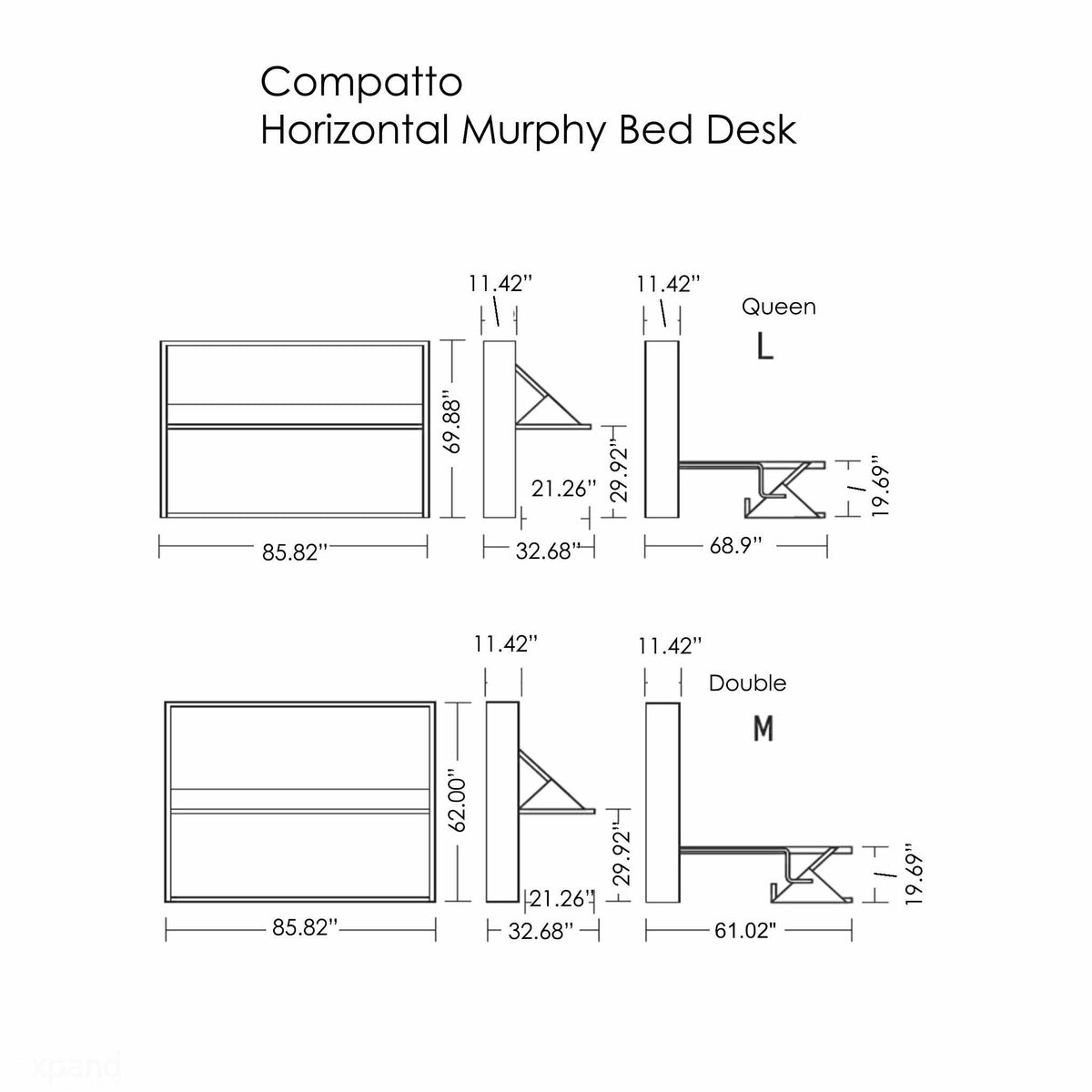 Italian Horizontal Wall Bed with Desk and Upper Storage