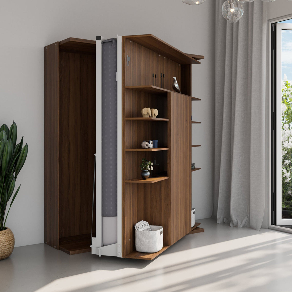 Rotating Bookcase Wall Bed with Fold Out Table, UK King Size