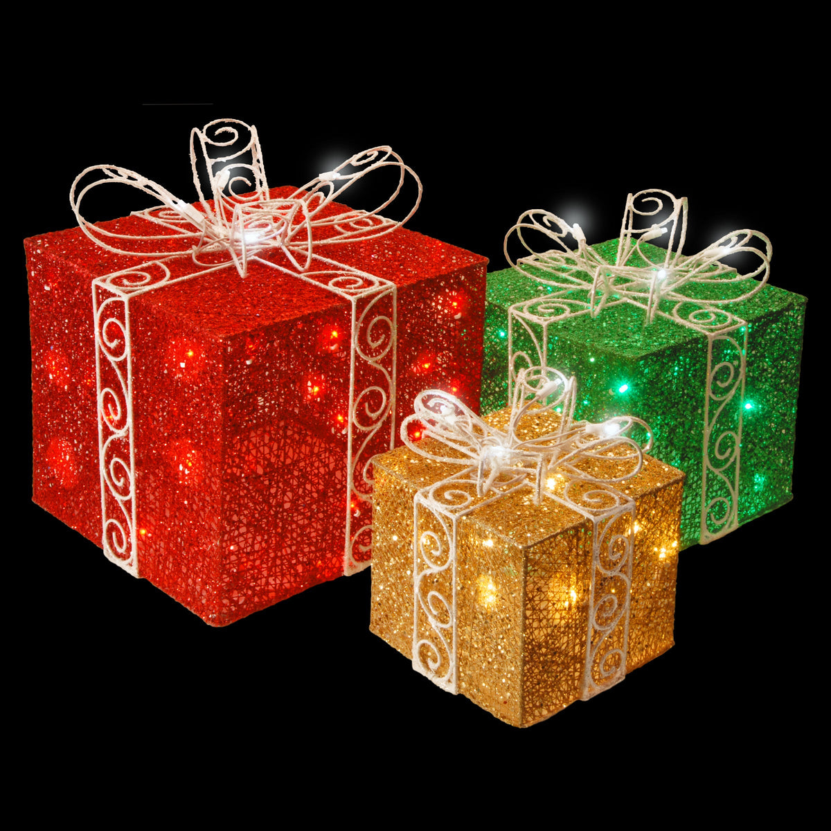 Light Up Sisal Gift Boxes with Bows, Set of 3