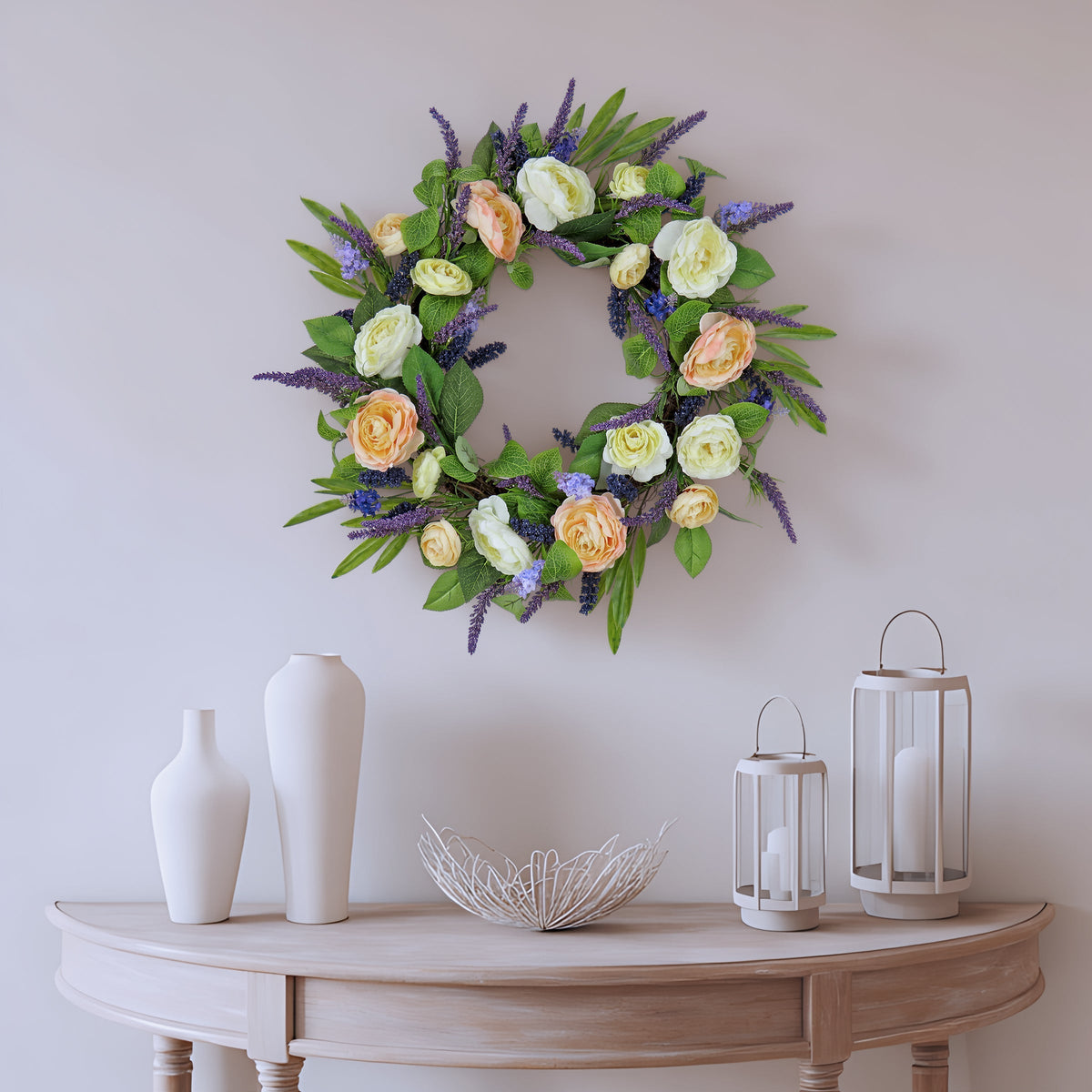Ranunculus and Astilbe Wreath on Woven Branch Base, 61 cm