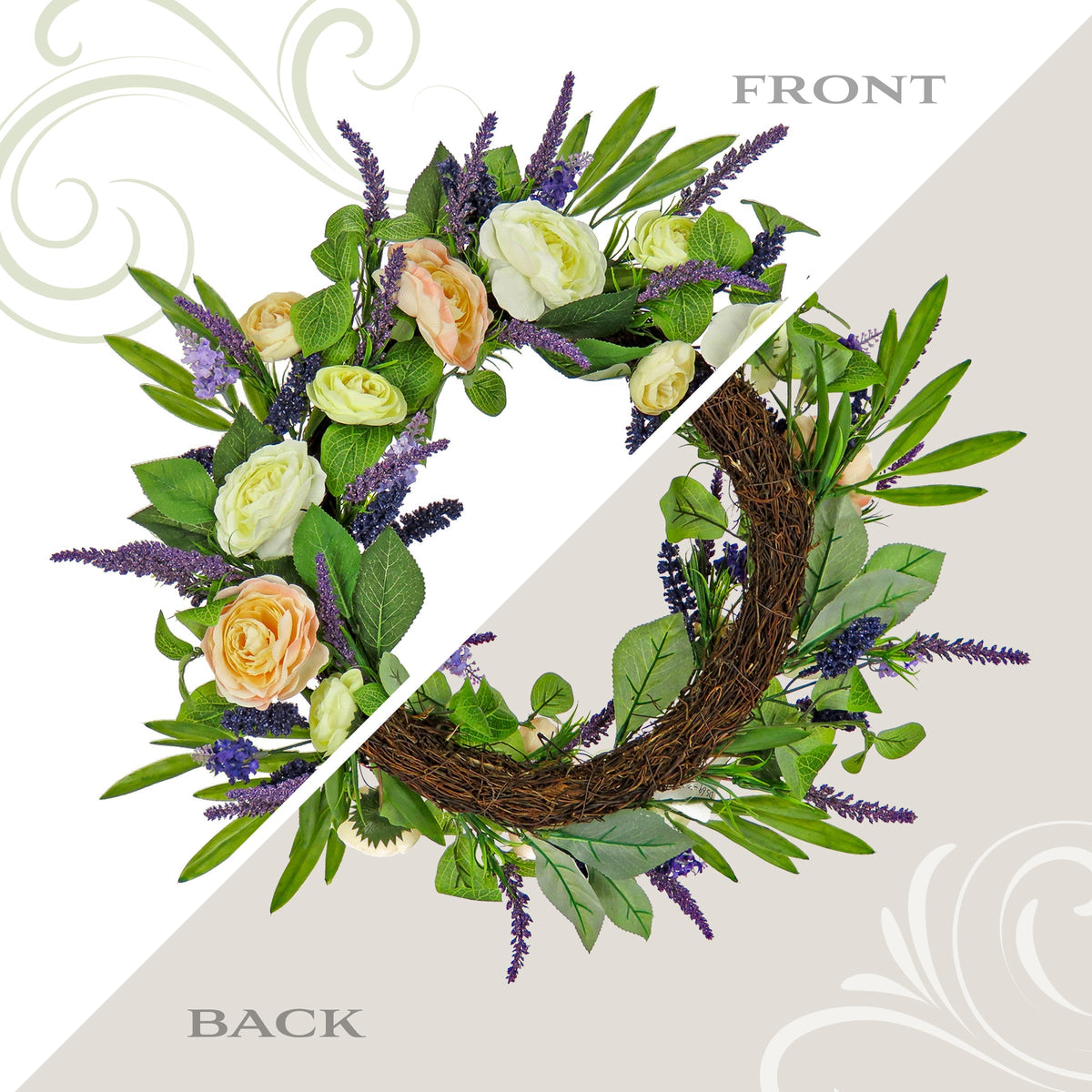 Ranunculus and Astilbe Wreath on Woven Branch Base, 61 cm