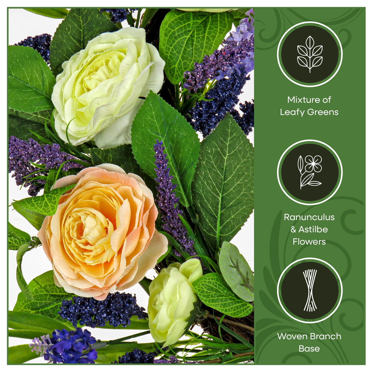 Ranunculus and Astilbe Wreath on Woven Branch Base, 61 cm