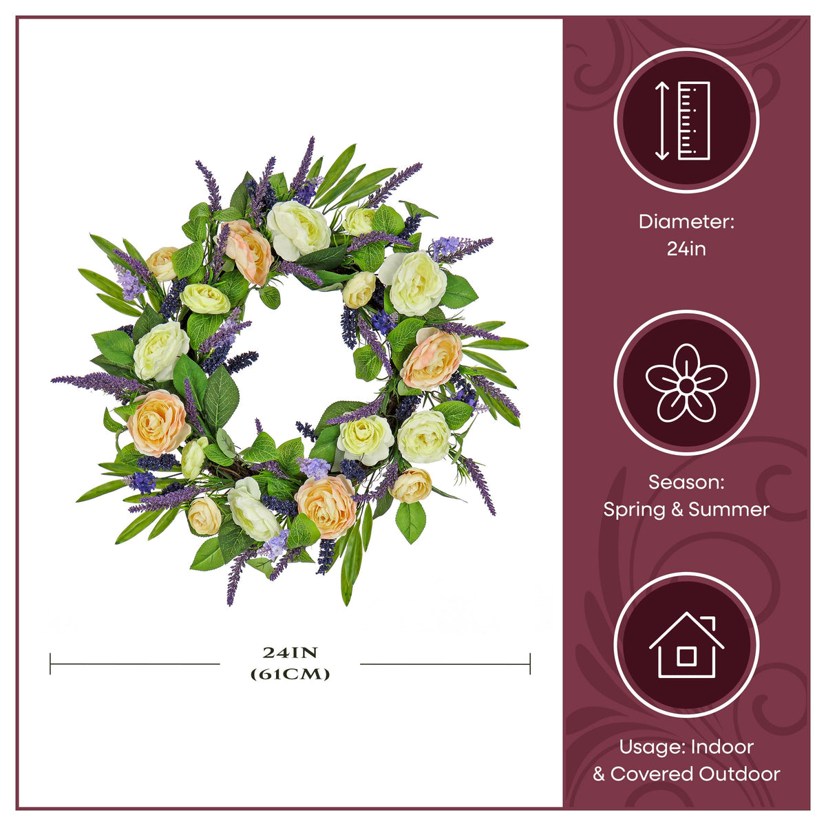 Ranunculus and Astilbe Wreath on Woven Branch Base, 61 cm