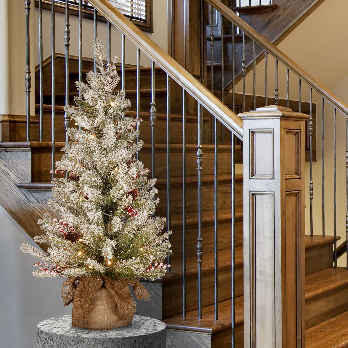 3ft Pre Lit Dunhill Fir Tabletop Christmas Tree in Burlap Bag, Warm White LED