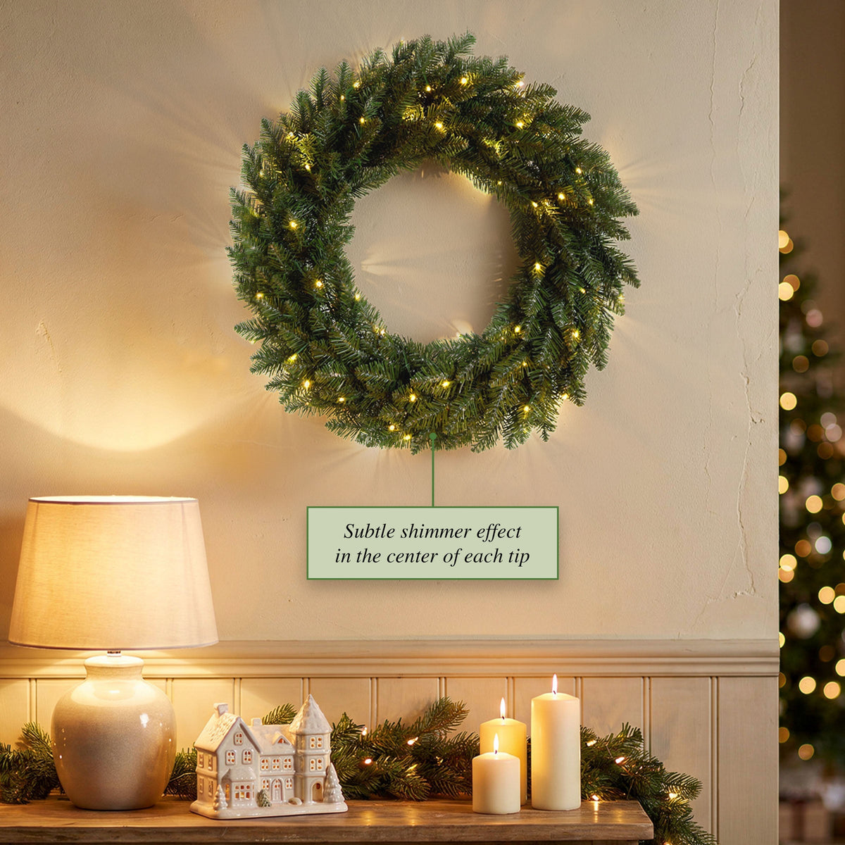 61 cm Pre Lit Shimmer Fir Christmas Wreath, Warm White LED