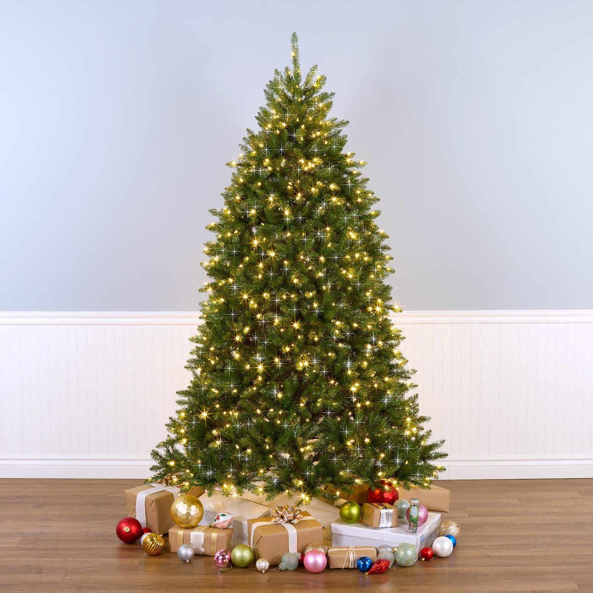 7.5ft Pre Lit Silver Tinsel Shimmer Christmas Tree, 700 Dual Colour LEDs