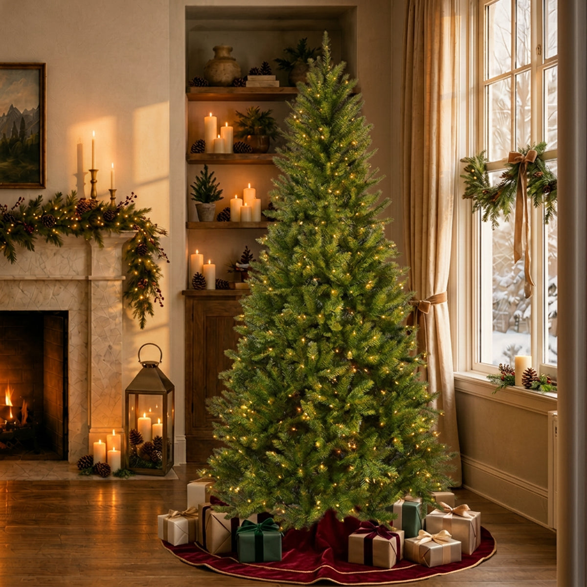 7.5ft Pre Lit Slim Dunhill Fir Hinged Christmas Tree, 600 Clear Lights