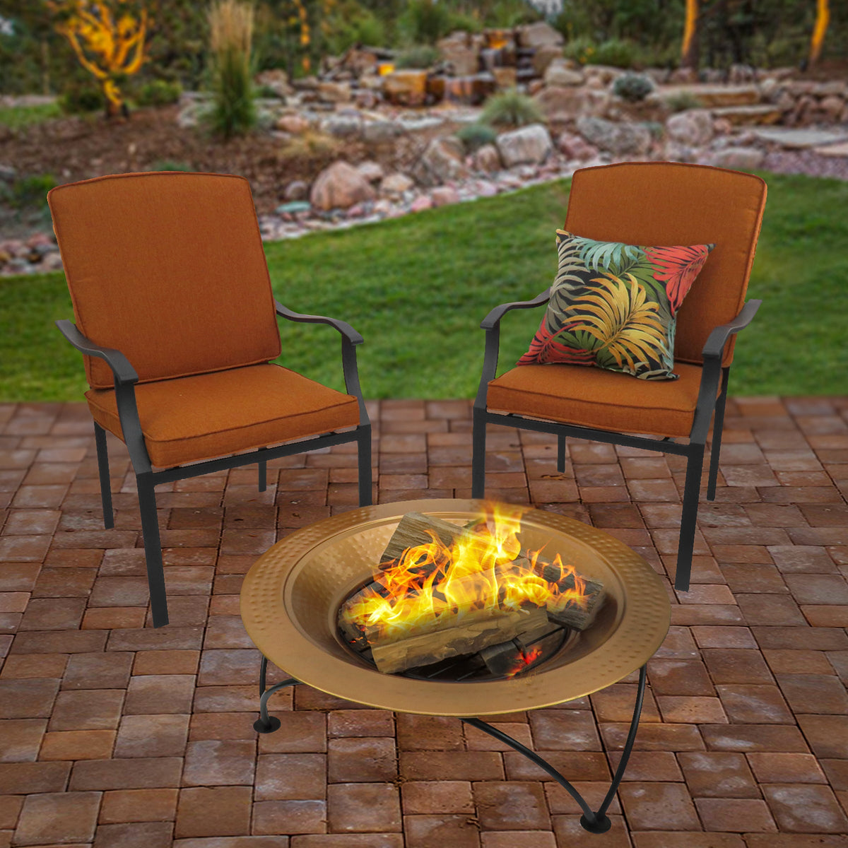 Copper Finish Hammered Steel Fire Pit with Stand and Cover, 84 cm