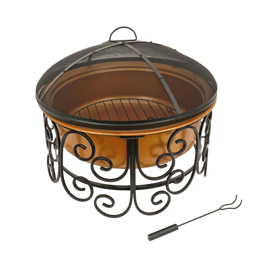 Copper Finish Steel Fire Pit with Ornate Stand and Screen, 76 cm