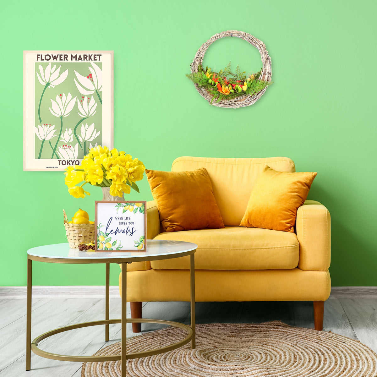 Floral Hammock Wreath with Wooden Flowers, 38 cm