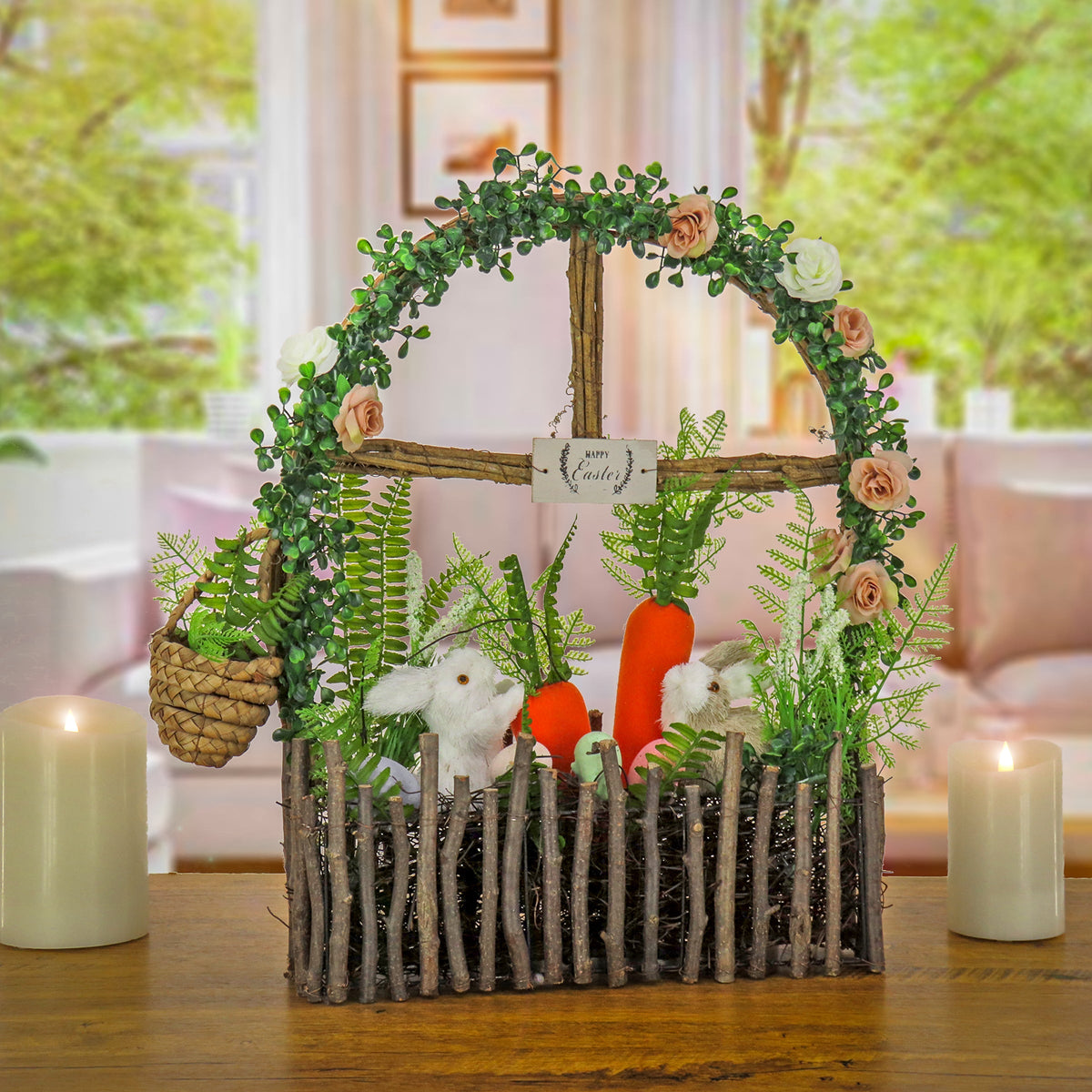 Easter Window Pane Decoration with Bunnies and Carrots, 48 cm