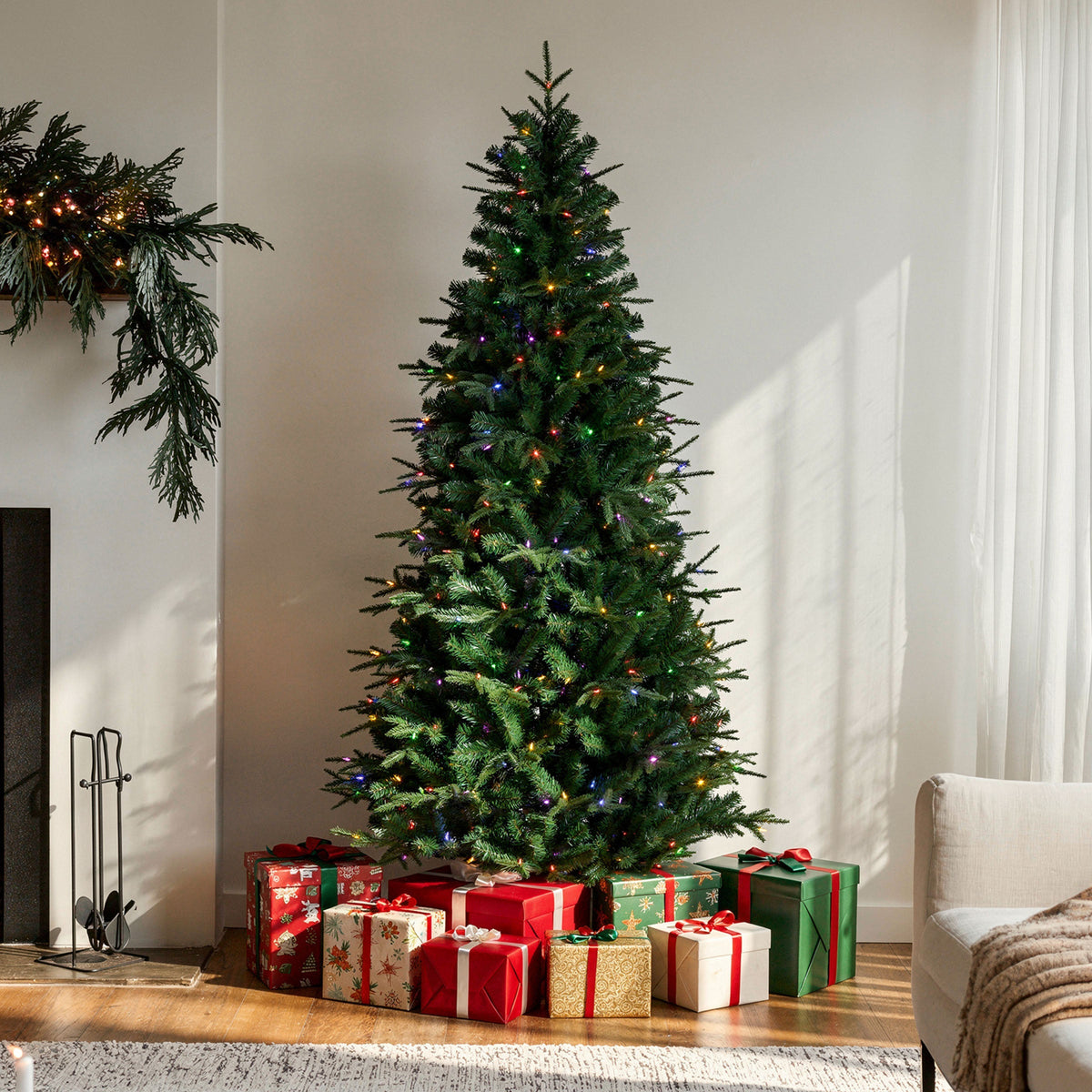 6.5ft Pre Lit Natural Fir Christmas Tree, Dual Colour Multifunction LEDs