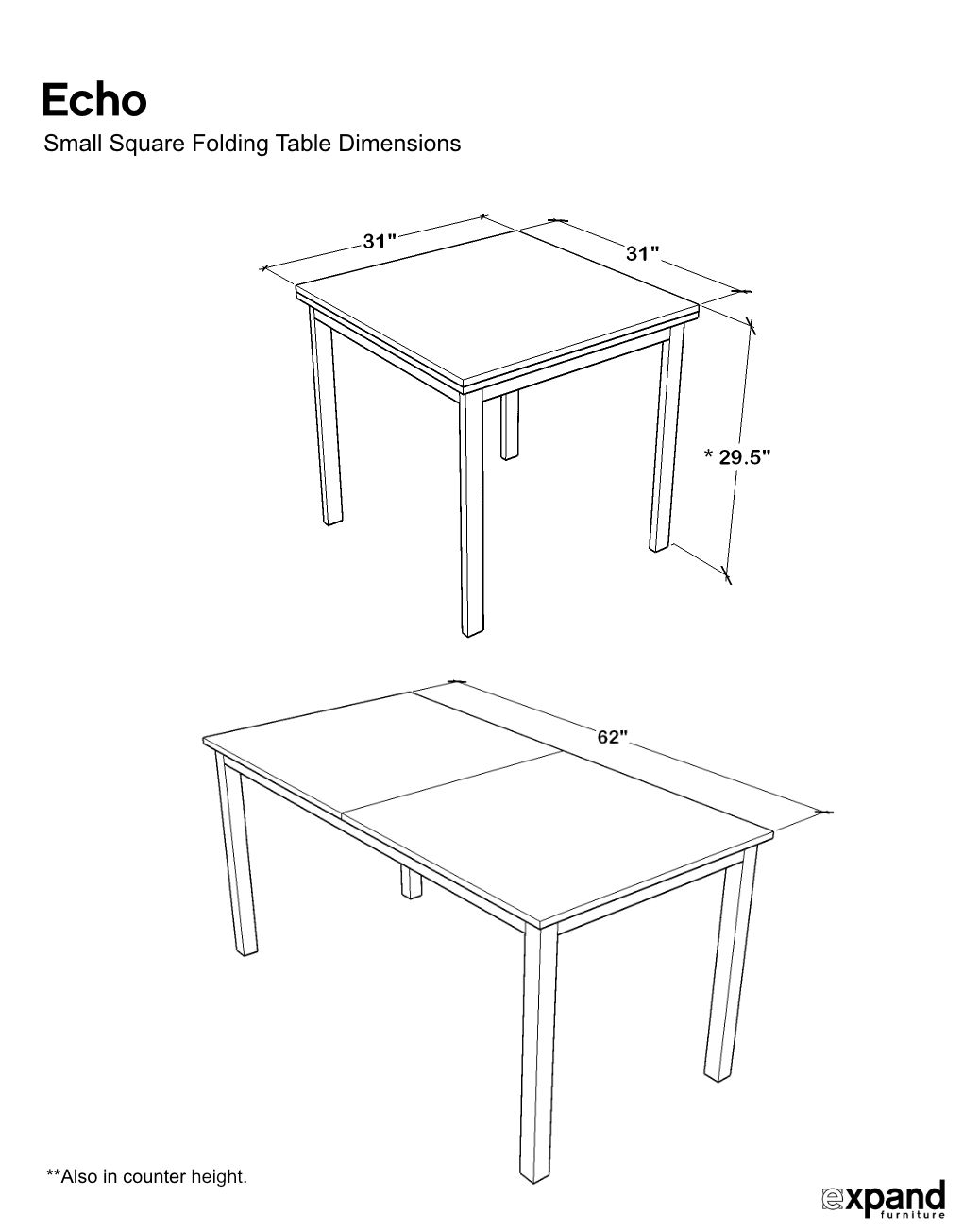 Small Square Folding Kitchen Table, Doubles in Size