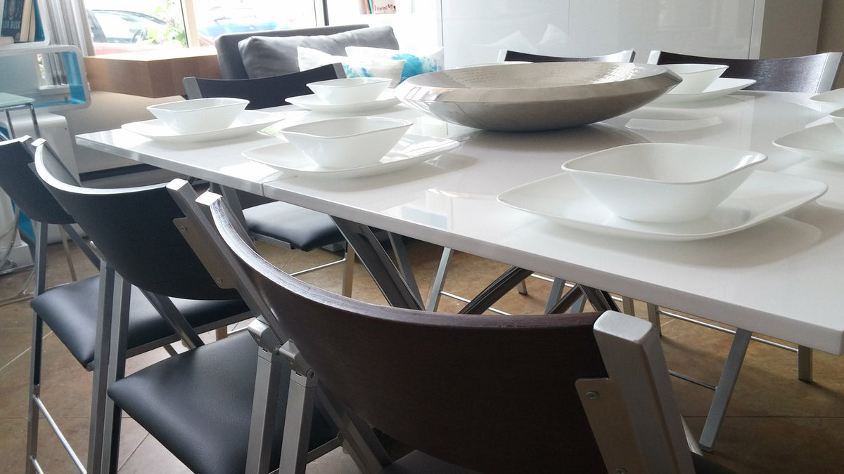 Raising Coffee to Dining Table and Chairs Set, Glossy White