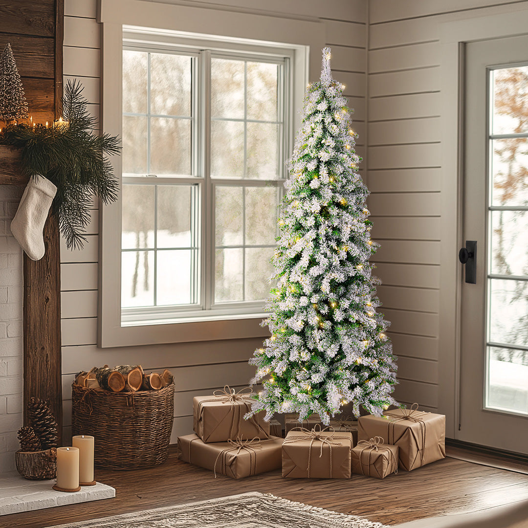 6.5ft Pre Lit Pencil Slim Snowy Alpine Christmas Tree, 200 Clear Lights