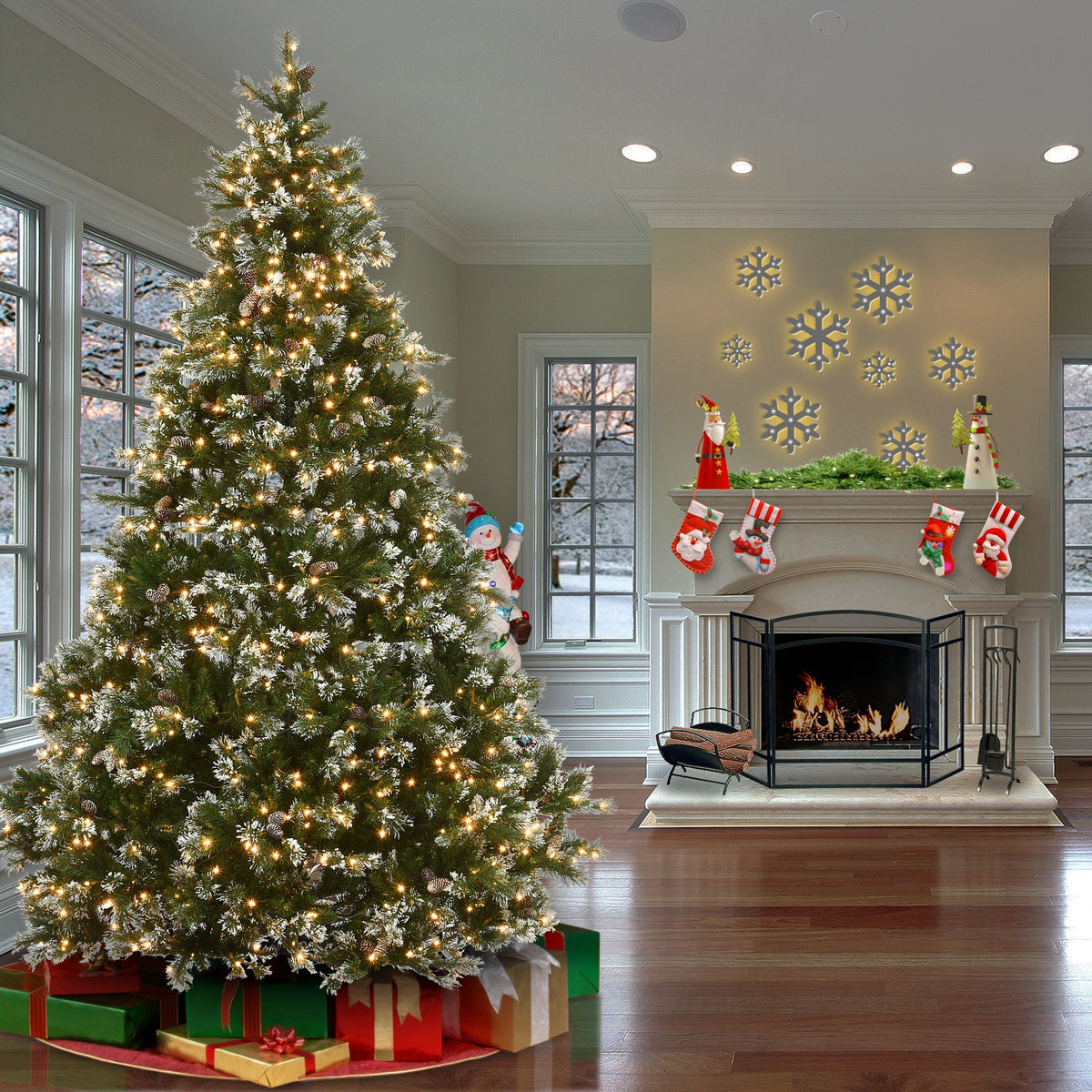 9ft Pre Lit Glitter Pine Christmas Tree, Clear Lights