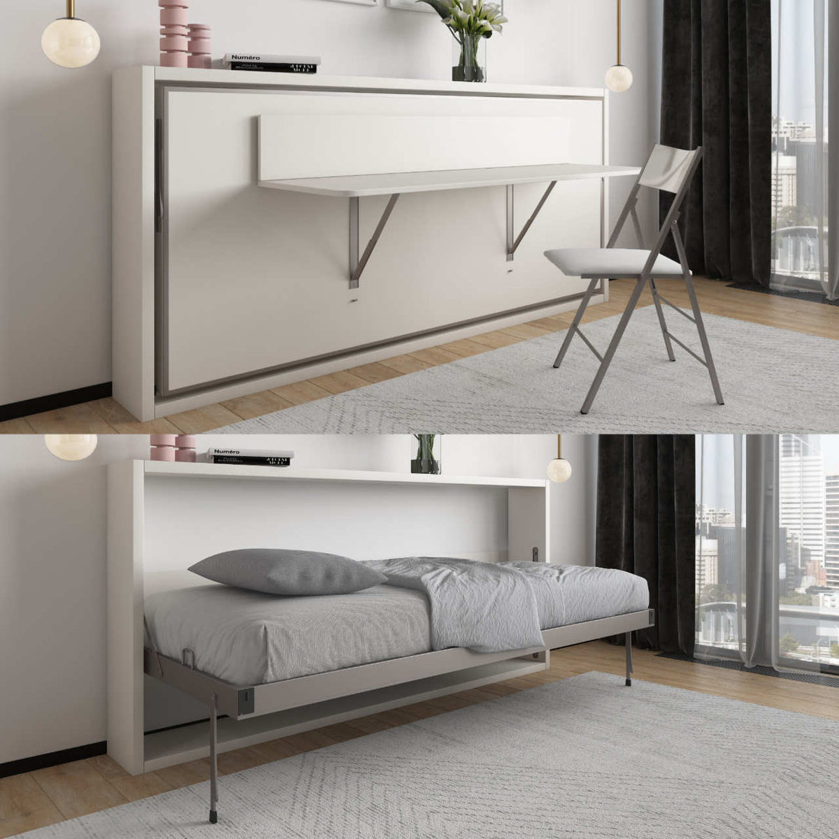 Ultra Slim Horizontal Single Wall Bed with Fold Away Desk and Mattress