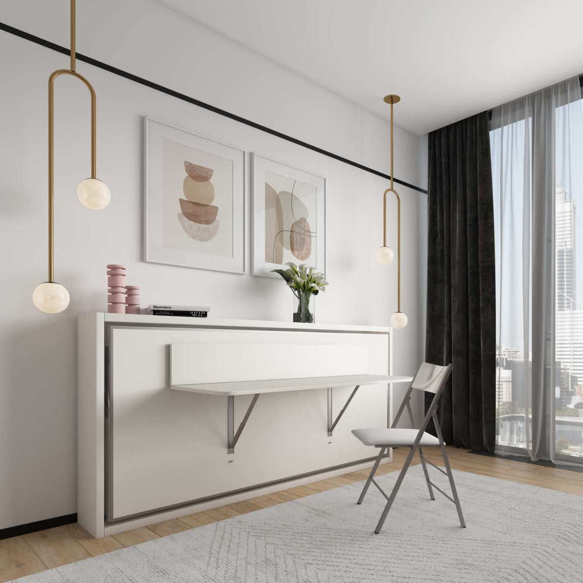 Ultra Slim Horizontal Single Wall Bed with Fold Away Desk and Mattress