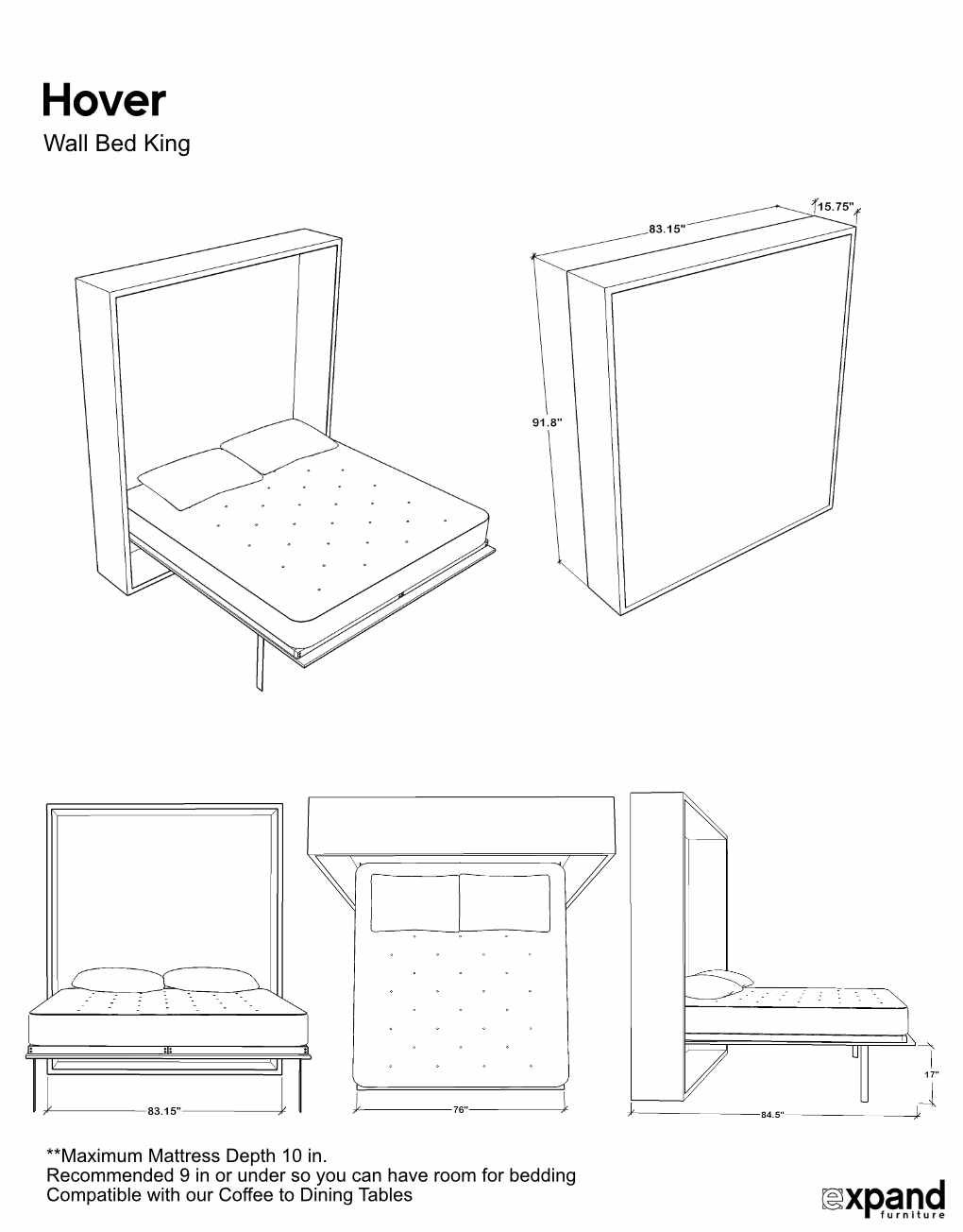 Vertical Wall Bed with Hidden Legs, UK Super King Size