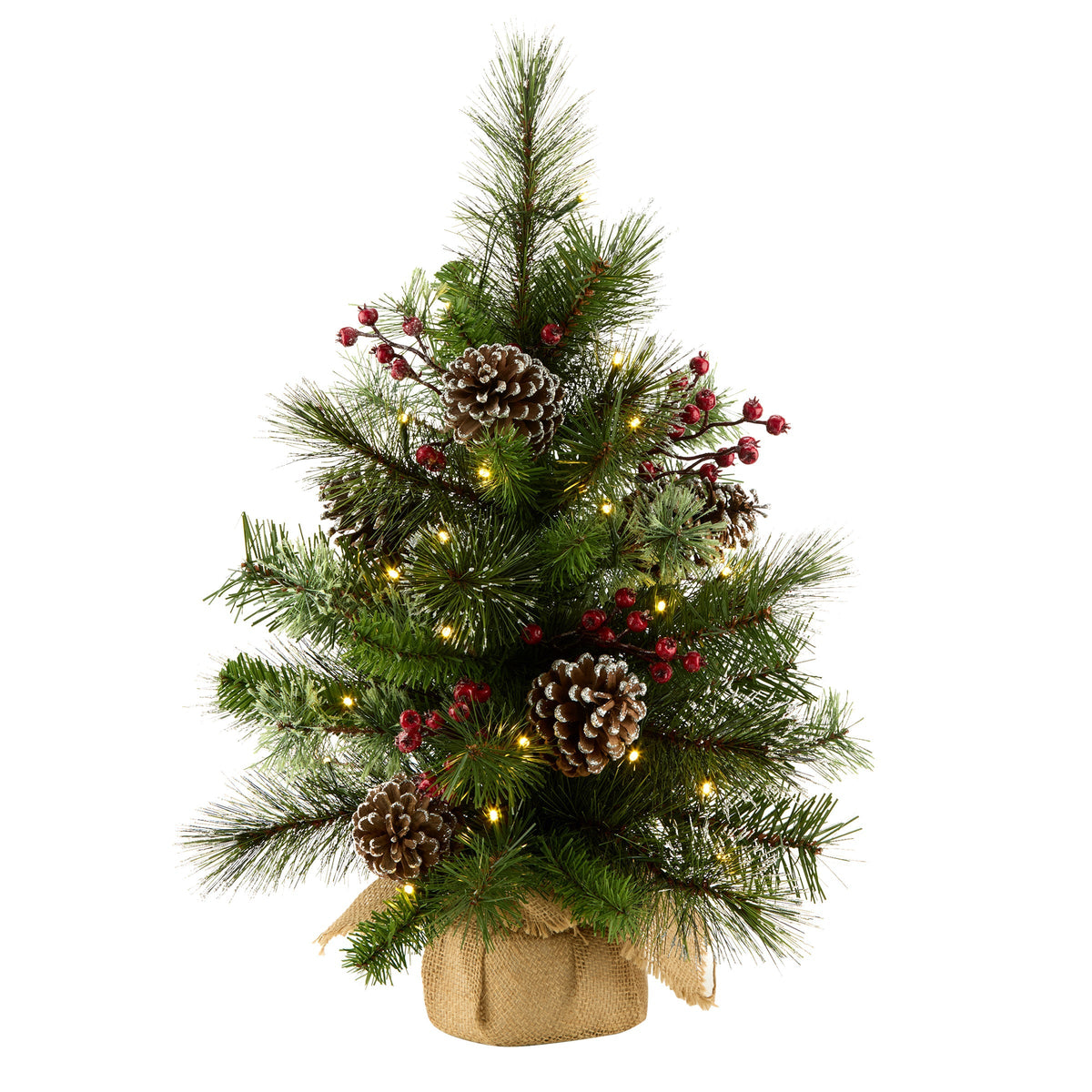 2ft Pre Lit Iced Berry Pine Tabletop Tree in Burlap Sack, Battery LED