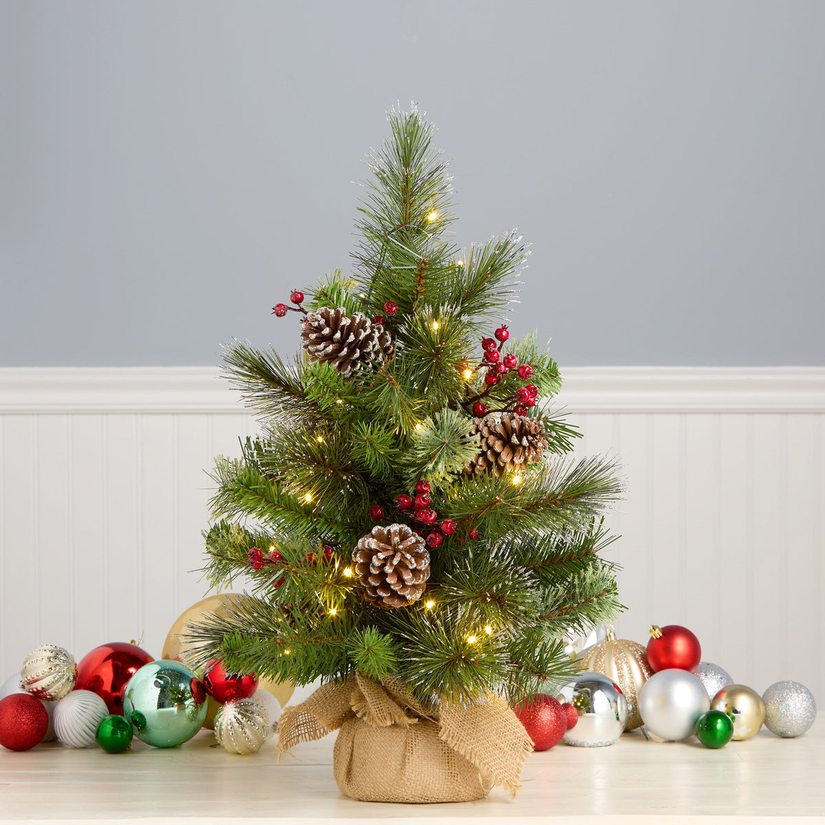 2ft Pre Lit Iced Berry Pine Tabletop Tree in Burlap Sack, Battery LED